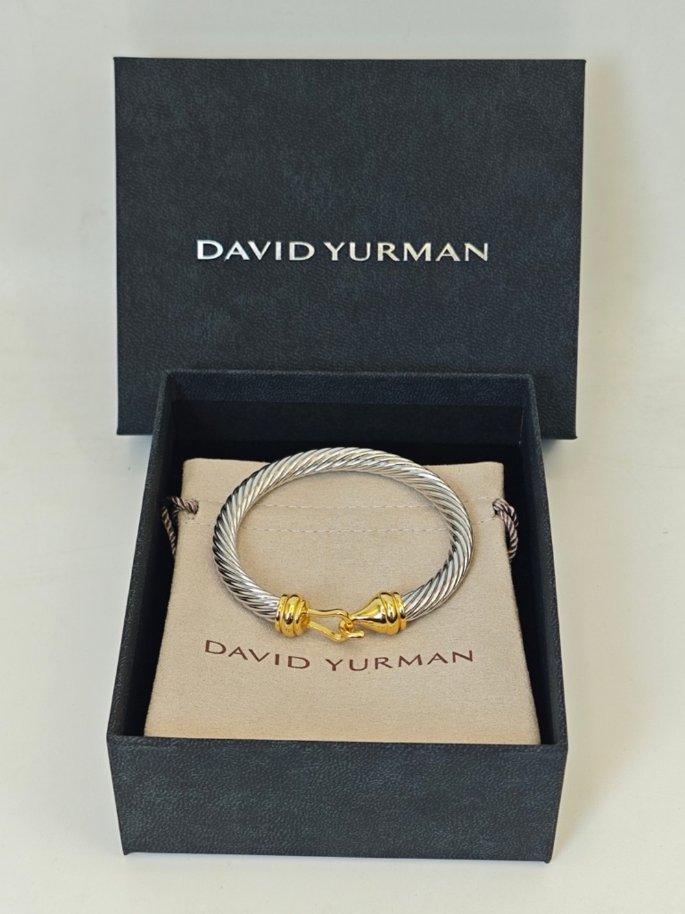 David Yurman Silver Cable Bracelet with Yellow Gold Hook